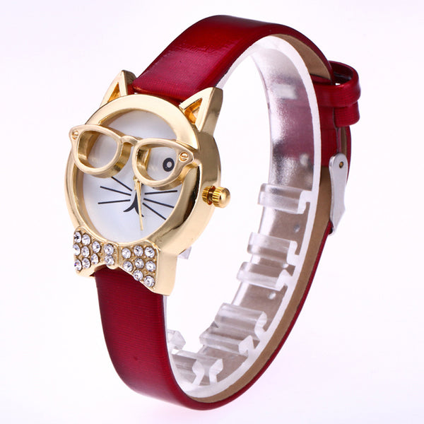 Genvivia High Quality Top Women Watches Cute Glasses Cat Women Analog relogio QuartzDial Thin LeatheWristwatch relogio feminino