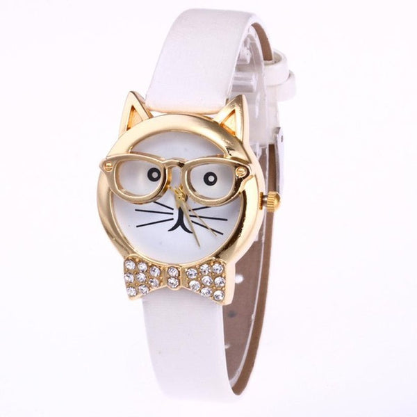 Genvivia High Quality Top Women Watches Cute Glasses Cat Women Analog relogio QuartzDial Thin LeatheWristwatch relogio feminino