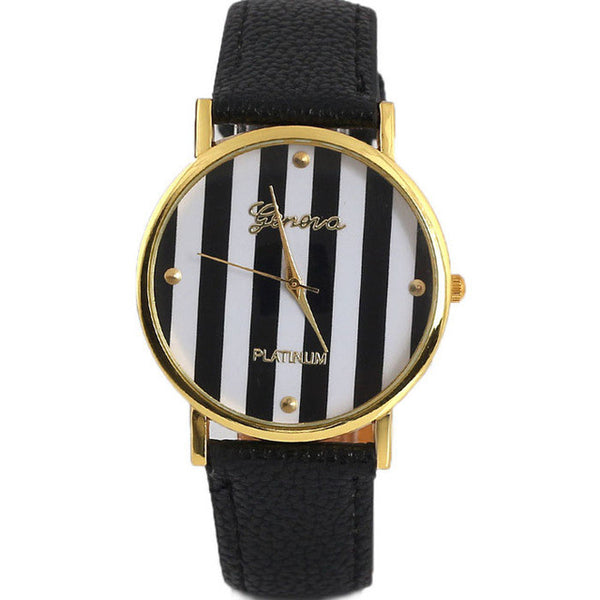 2017 Genvivia Brand 3color Quartz Watches Women Classic Stripes Print PU Leather Woman Man Analog Wrist Watch #T40 Gift