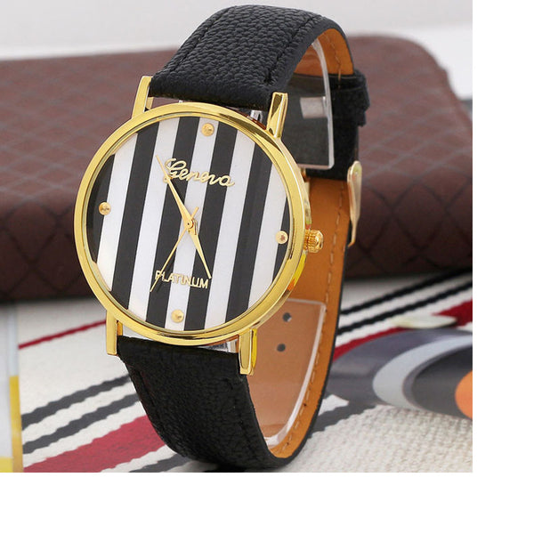 2017 Genvivia Brand 3color Quartz Watches Women Classic Stripes Print PU Leather Woman Man Analog Wrist Watch #T40 Gift